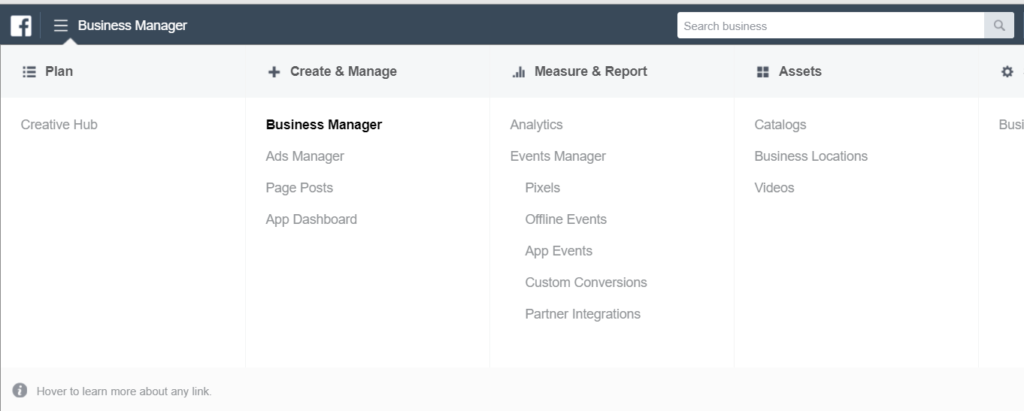 Facebook Pixel for Business Tips - Business Manager Menu