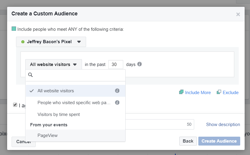 Facebook Retargeting Pixel - Create a Custom Audience With Menu Visible