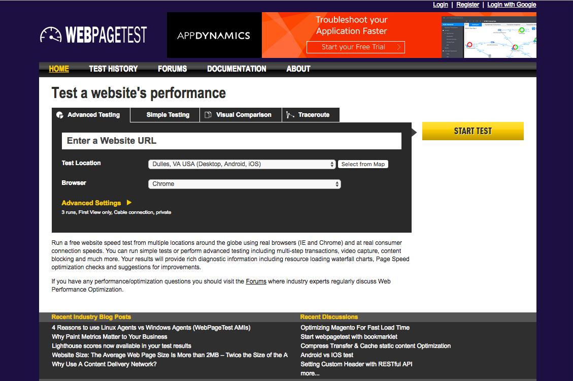 page speed testing tool WebPageTest