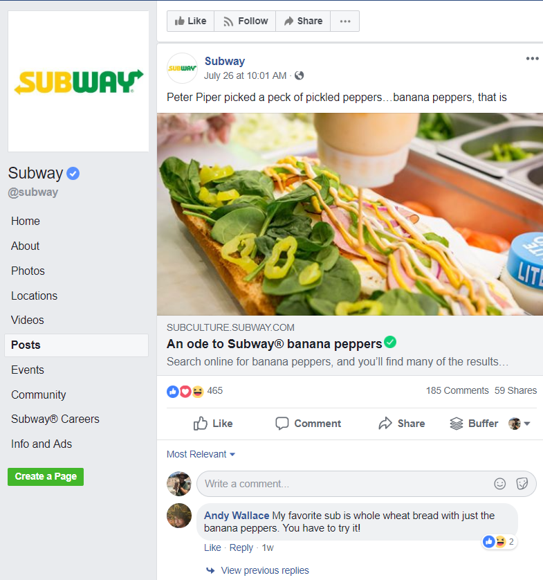 Subway on facebook 