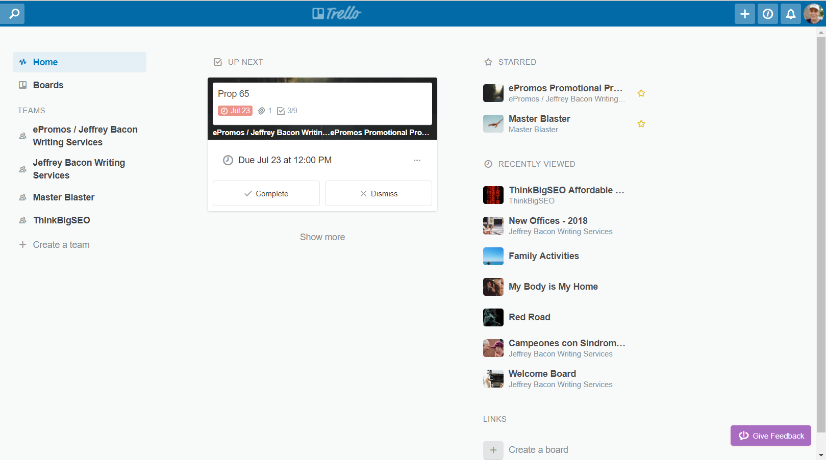 Trello Home Page View